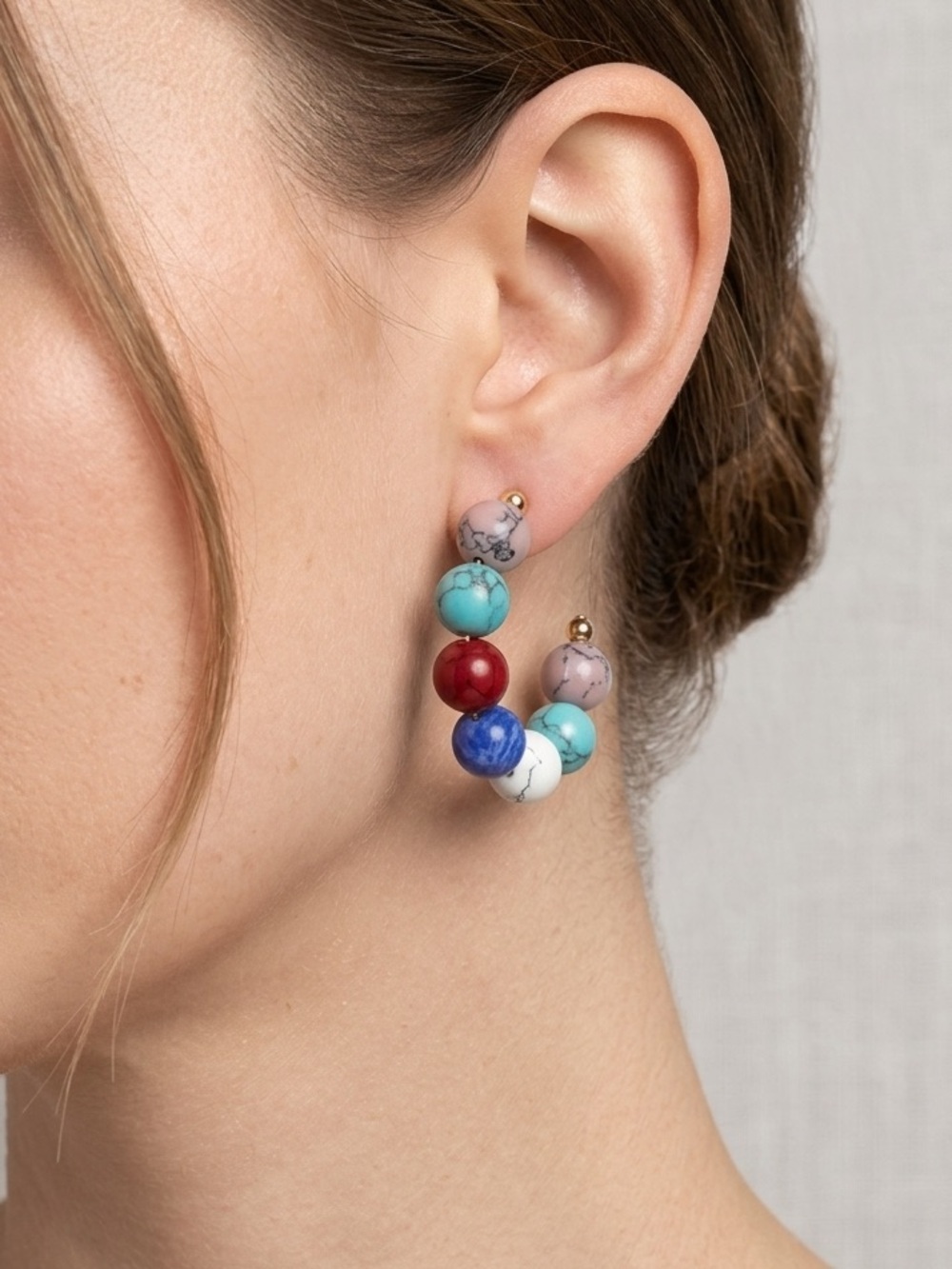 Alfani Multicolor Beaded C Hoop Earrings | Gold Tone Stone Bead Hoops